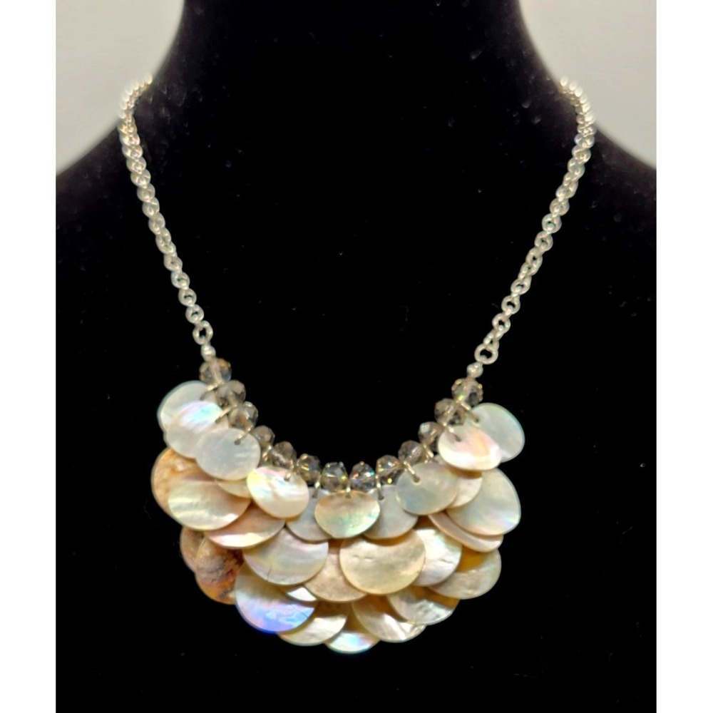 Mother of Pearl Cluster Disc Crystal Bead Bib Chain Necklace Silver Tone